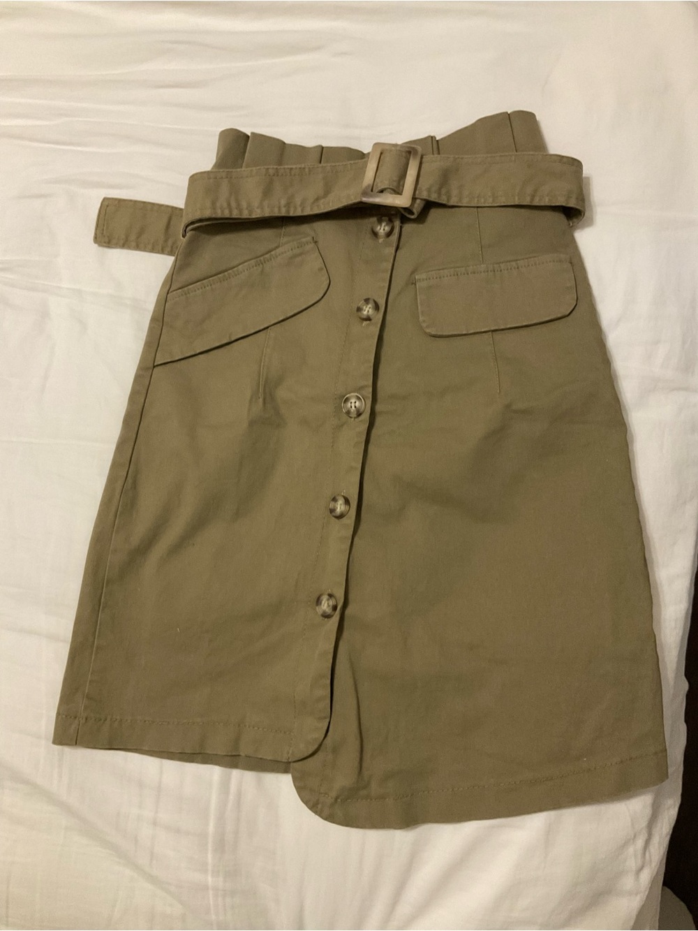Olive Button-Front Belted Skirt